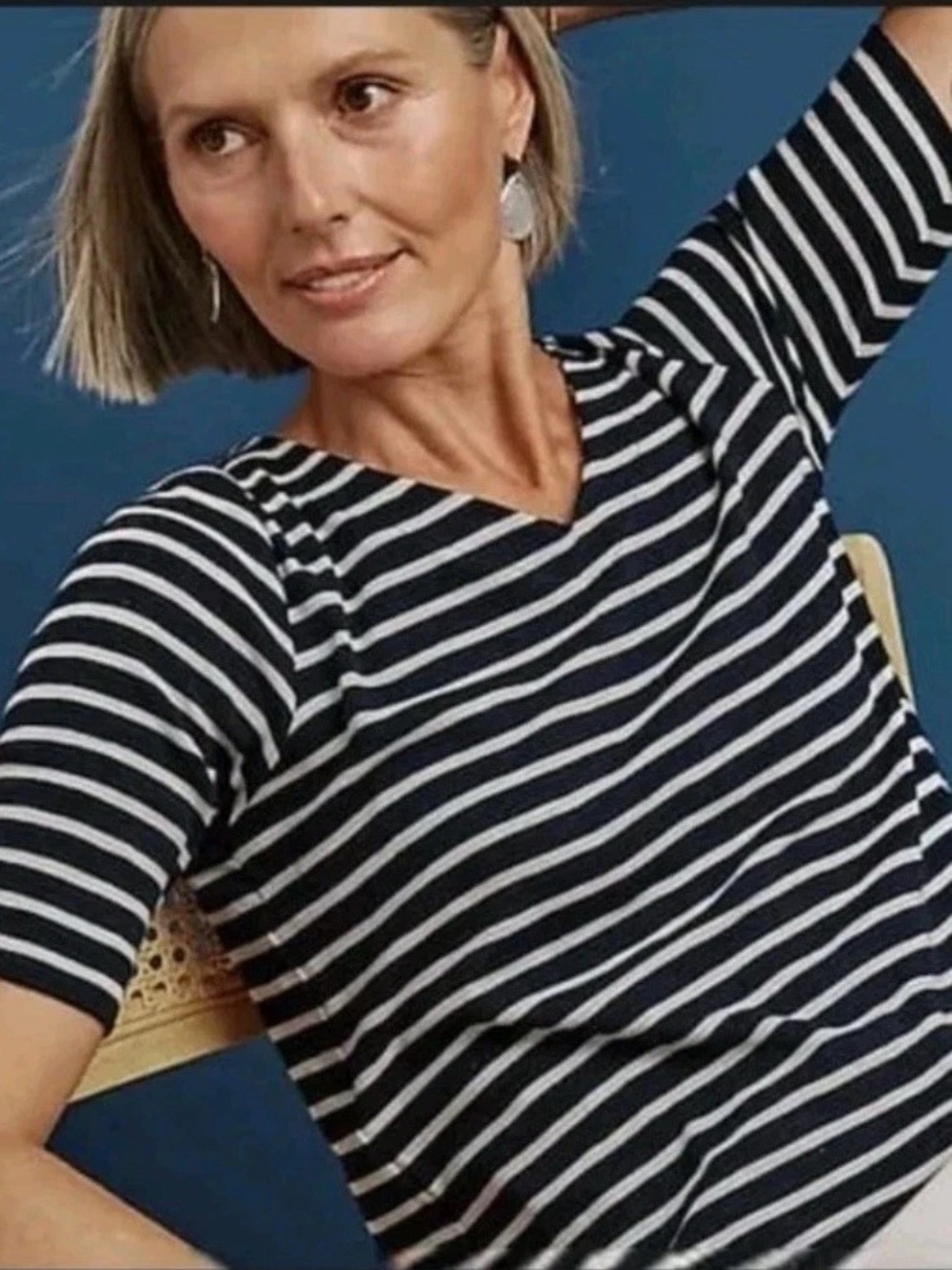 J.Jill Women M Navy White Striped Pima Slub Elbow Sleeve V-Neck Tee NWOT